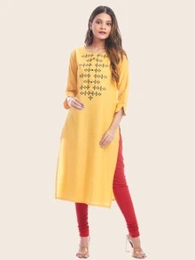 Kurta recta con bordado tribal - Amarillo - Ver 3