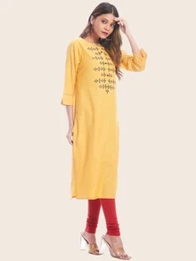 Kurta recta con bordado tribal - Amarillo - Ver 4