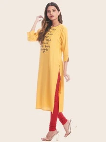 Kurta recta con bordado tribal - Amarillo - Ver 5