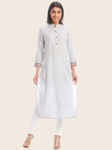 Kurta recta floral de rayas - Blanco - Ver 1