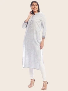Kurta recta floral de rayas - Blanco - Ver 3