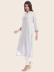 Kurta recta floral de rayas - Blanco - Ver 4