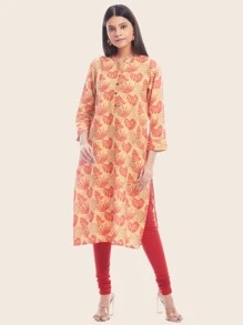 Kurta recta escote V con estampado de hoja - Naranja - Ver 1