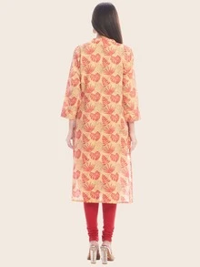 Kurta recta escote V con estampado de hoja - Naranja - Ver 2