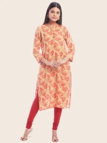 Kurta recta escote V con estampado de hoja - Naranja - Ver 3