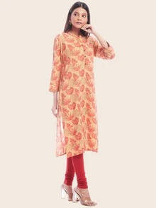 Kurta recta escote V con estampado de hoja - Naranja - Ver 5