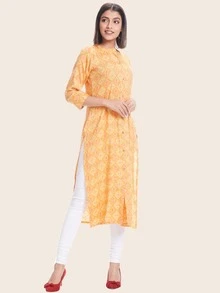 Floral Print Straight Kurta - Yellow - View 3