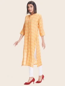 Floral Print Straight Kurta - Yellow - View 4