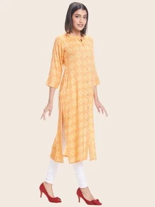Floral Print Straight Kurta - Yellow - View 5