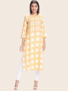 Checked And Foil Print Kurta - Yellow - View 1