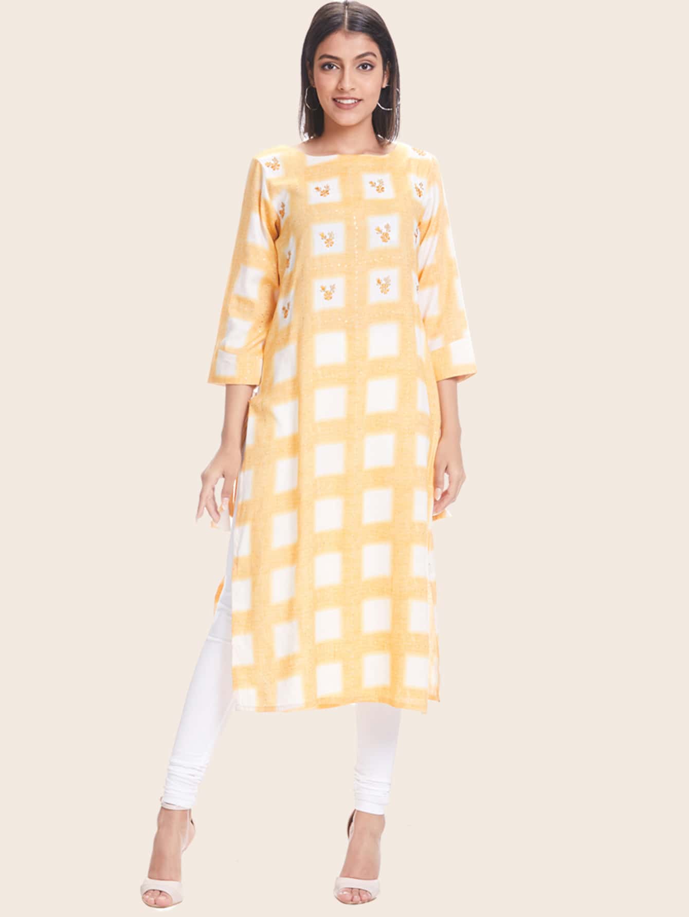 Checked And Foil Print Kurta - Yellow - View 1