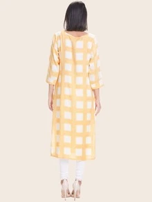 Checked And Foil Print Kurta - Yellow - View 2