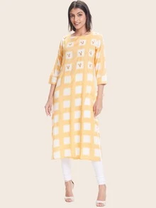 Checked And Foil Print Kurta - Yellow - View 3