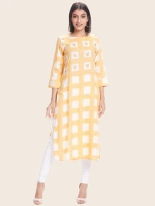 Checked And Foil Print Kurta - Yellow - View 4