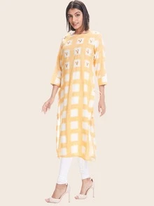 Checked And Foil Print Kurta - Yellow - View 5