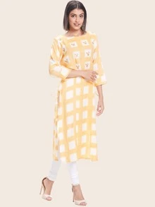 Checked And Foil Print Kurta - Yellow - View 6