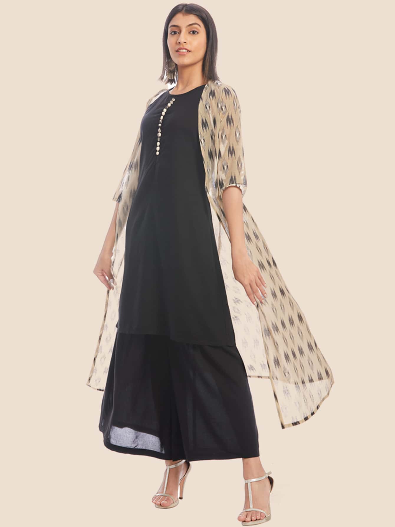 Black Straight Kurta & Palazzo & Jacket - Black - View 1