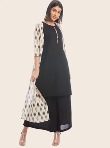 Black Straight Kurta & Palazzo & Jacket - Black - View 3