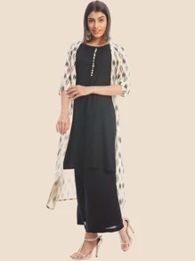 Black Straight Kurta & Palazzo & Jacket - Black - View 5