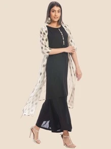 Black Straight Kurta & Palazzo & Jacket - Black - View 6