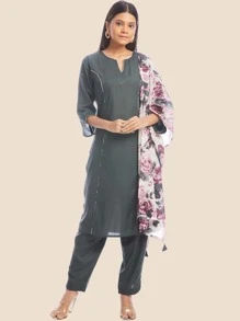 Notched Straight Kurta & Trousers & Dupatta - Grey - View 1