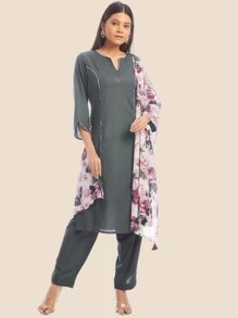 Notched Straight Kurta & Trousers & Dupatta - Grey - View 3