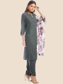 Notched Straight Kurta & Trousers & Dupatta - Grey - View 4