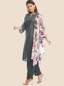 Notched Straight Kurta & Trousers & Dupatta - Grey - View 5