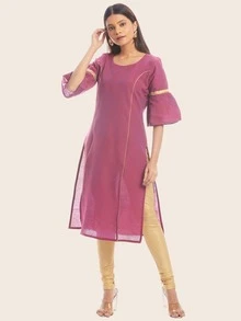 Kurta recta de manga campanuda con cinta dorada - Morado - Ver 1