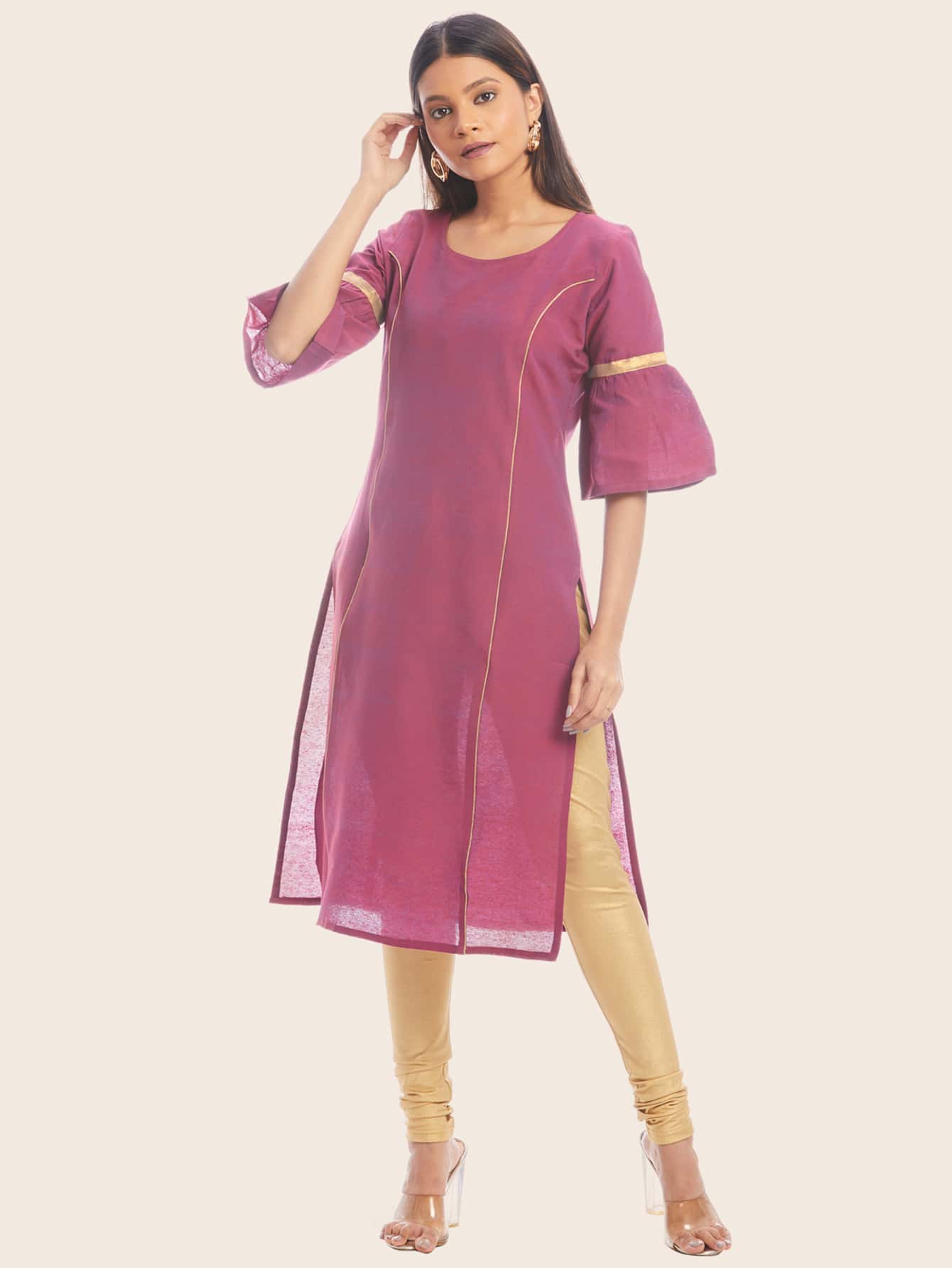 Kurta recta de manga campanuda con cinta dorada - Morado - Ver 1