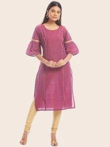 Kurta recta de manga campanuda con cinta dorada - Morado - Ver 3
