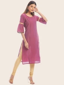 Kurta recta de manga campanuda con cinta dorada - Morado - Ver 5
