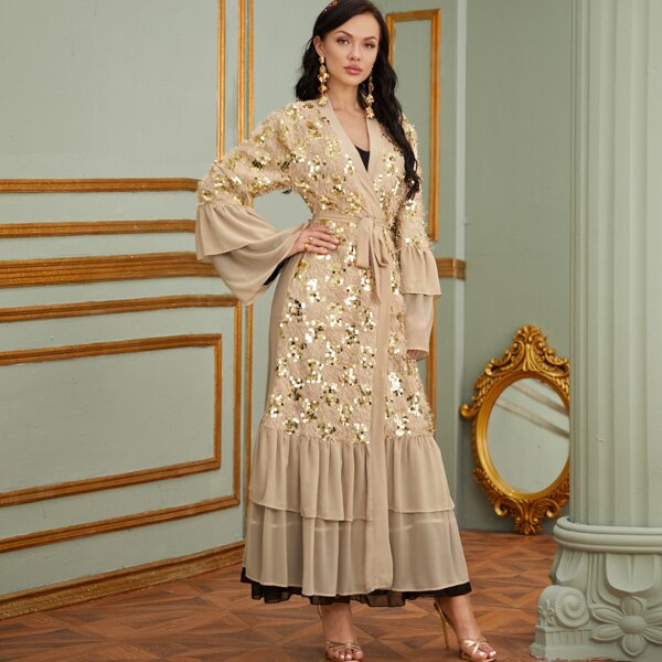 

Contrast Sequin Self Tie Ruffle Hem Abaya, Apricot