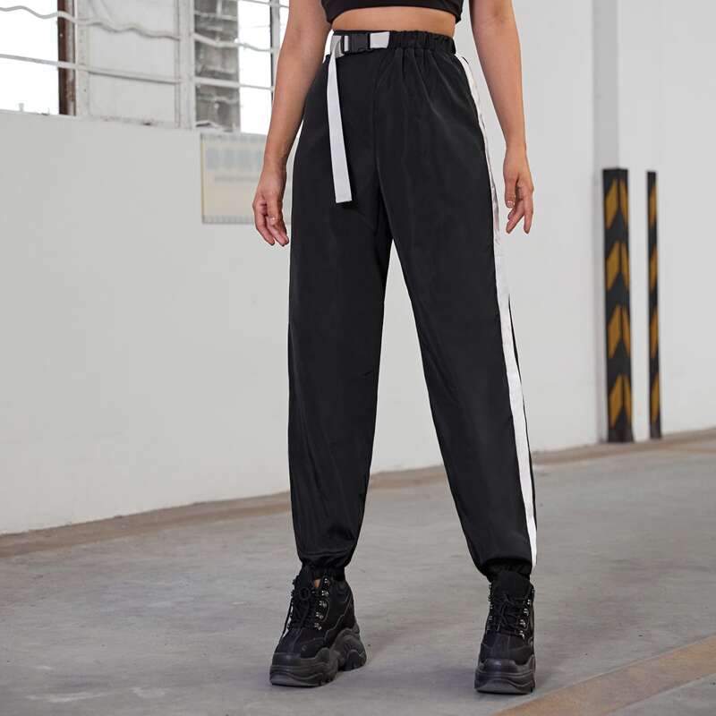 

Striped Side Buckle Belted Windbreaker Pants, Black