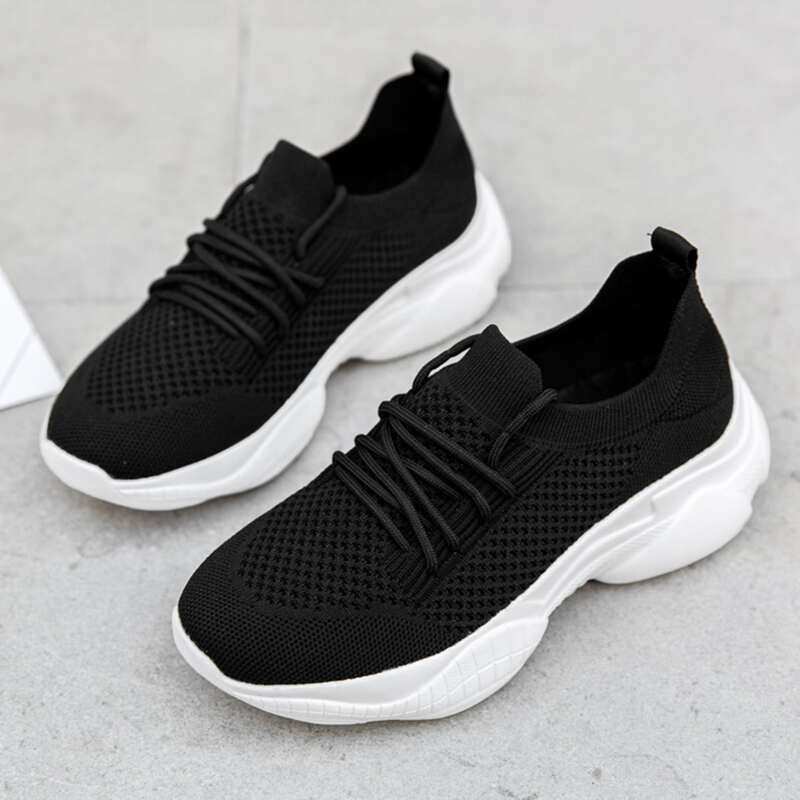 Lace-up Front Mesh Sneakers, Black
