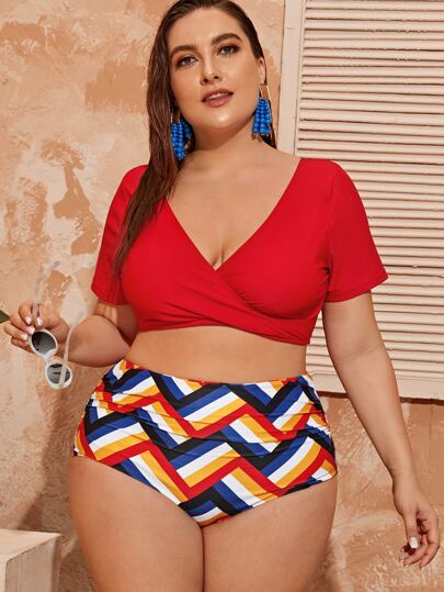 Plus Short Sleeve Top With Geo High Waisted Tankini