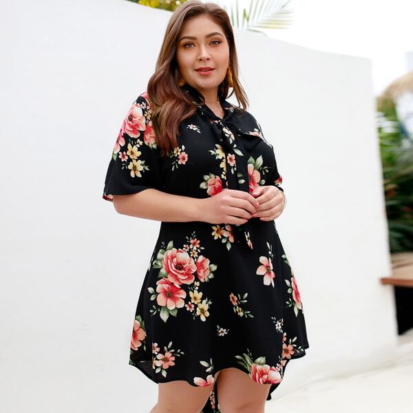 

Plus Floral Print Tie Neck High Low Blouse, Black