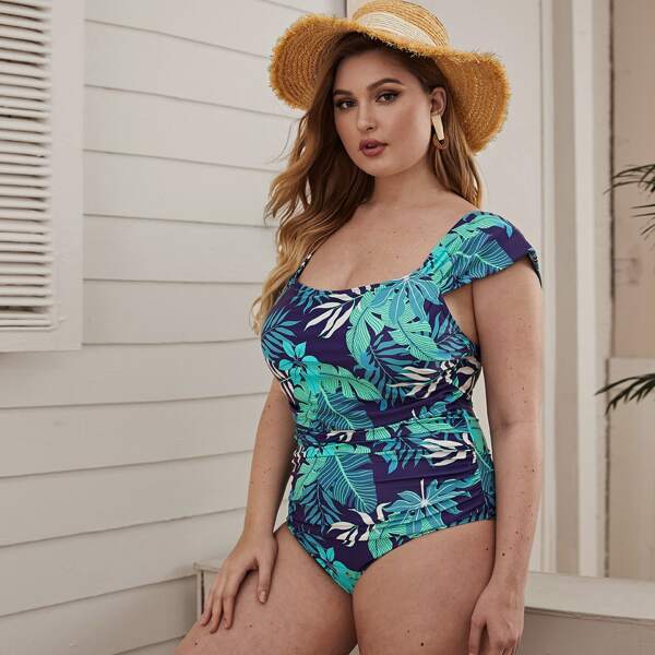 

Plus Tropical Print Ruched One Piece Swimsuit, Multicolor