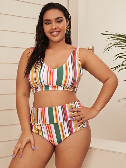 Plus Striped High Waisted Bikini Swimsuit