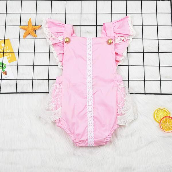 

Baby Girl Lace Panel Ruffle Trim Pinafore Bodysuit, Pink