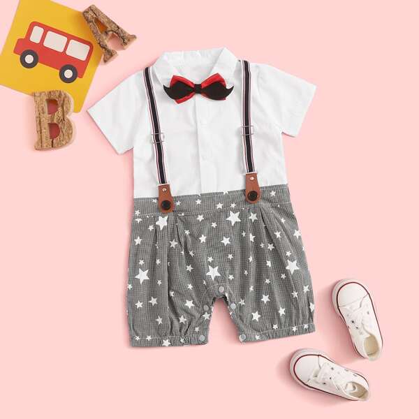 

Baby Boy 2 In 1 Gingham Tuxedo Romper With Straps, Black and white