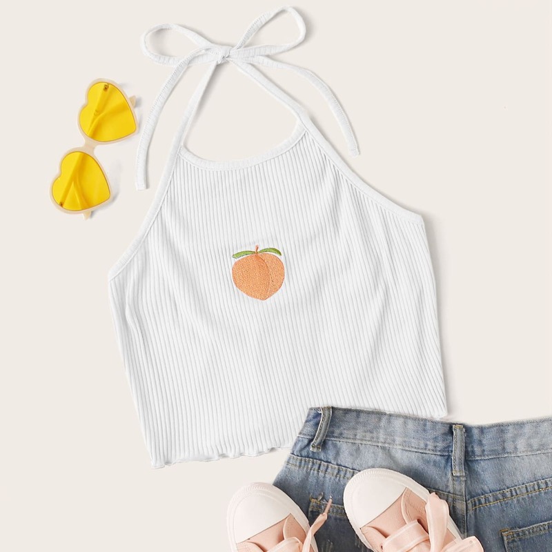 

Peach Embroidery Crop Halter Top, White