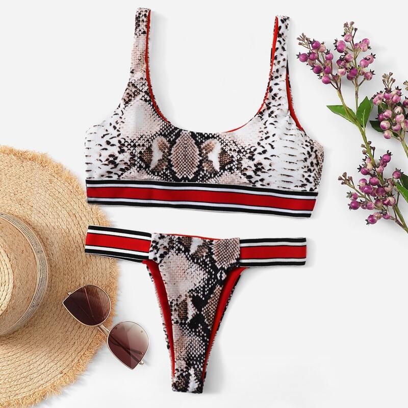 

Snakeskin Stripe Trim Tanga Bikini Swimsuit, Multicolor