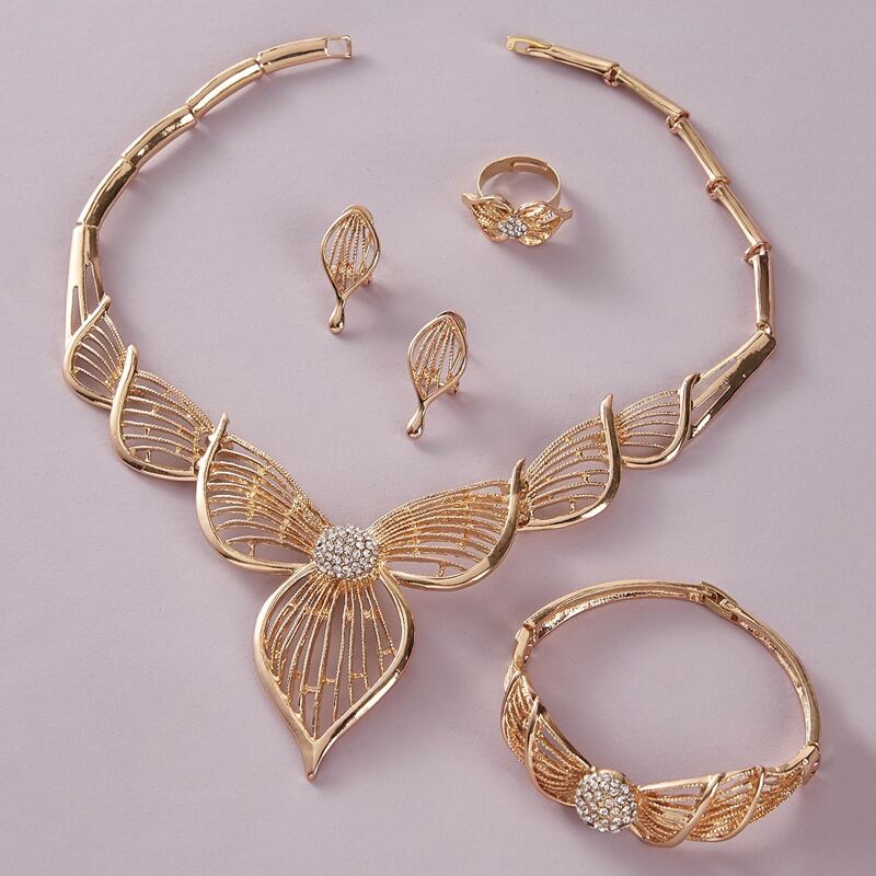 

5pcs Rhinestone Decor Flower Design Jewelry Set, Gold