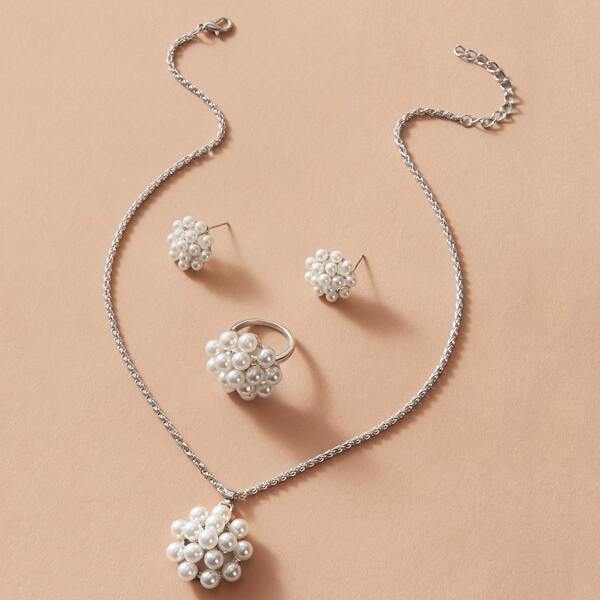 

4pcs Faux Pearl Decor Jewelry Set, Silver