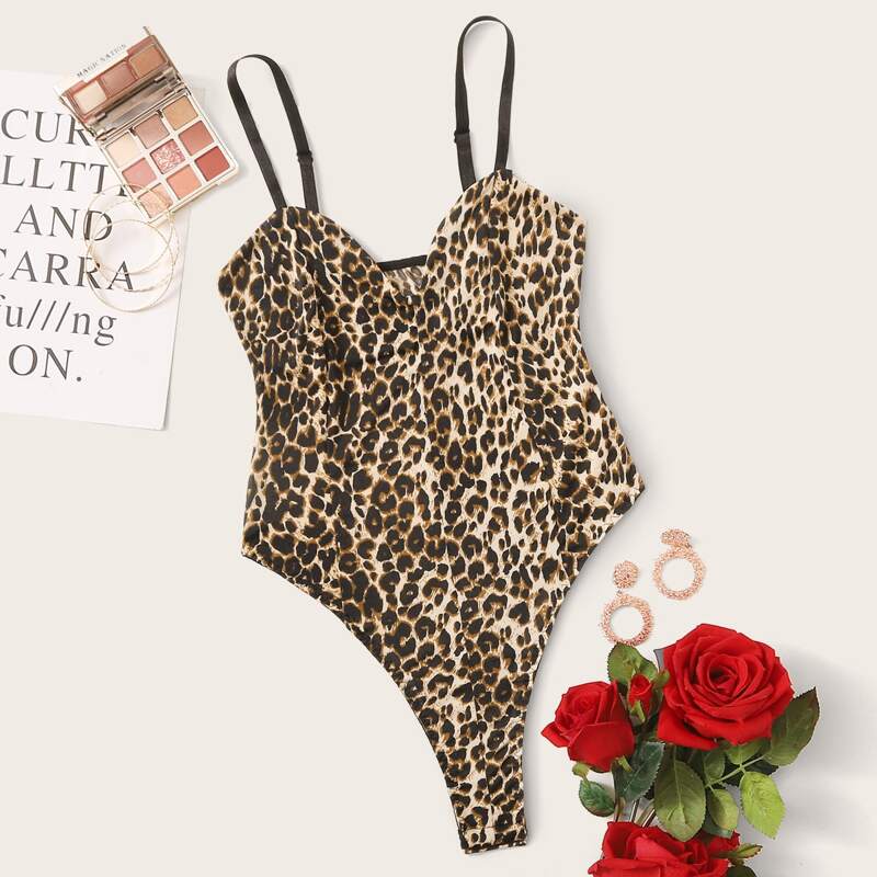 

Leopard Pattern Teddy Bodysuit, Multicolor