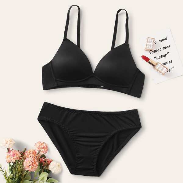

Solid Adjustable Strap Lingerie Set, Black