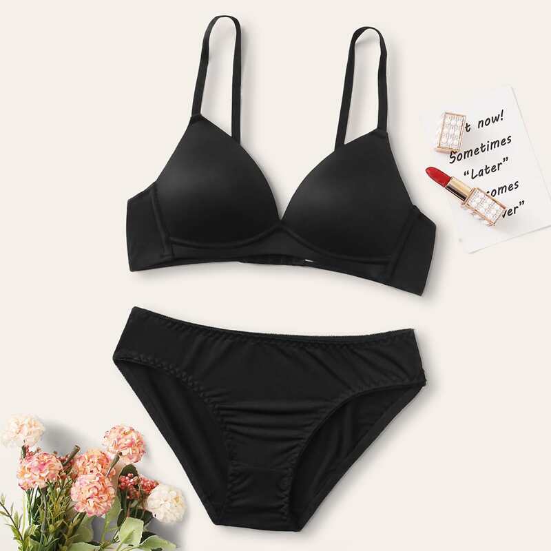

Solid Adjustable Strap Lingerie Set, Black