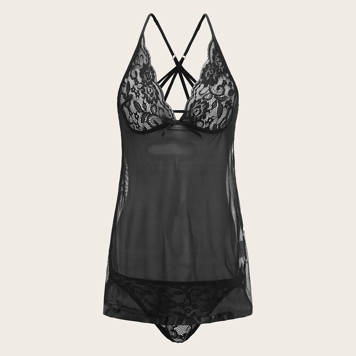 

Floral Lace Slips With Thong, Black