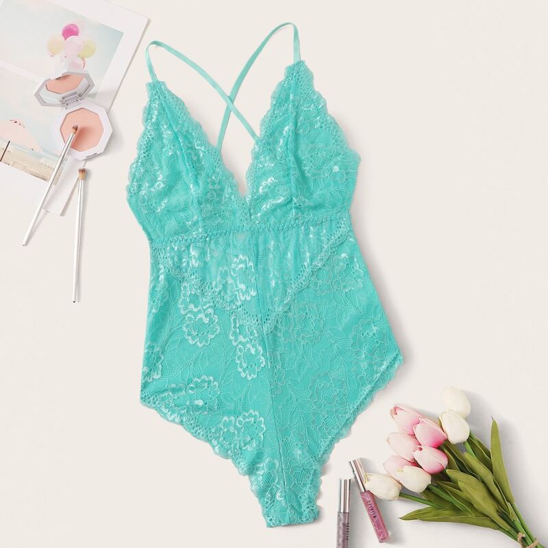 

Crisscross Floral Lace Teddy Bodysuit, Green